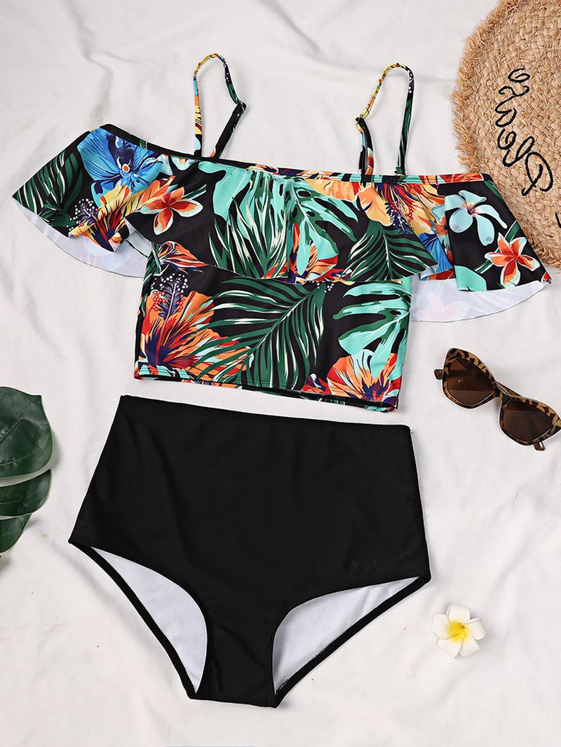 Tropical Plant Med Trykk Ruffle Spaghetti Straps High Waisted Bikinis Dame Badedrakt