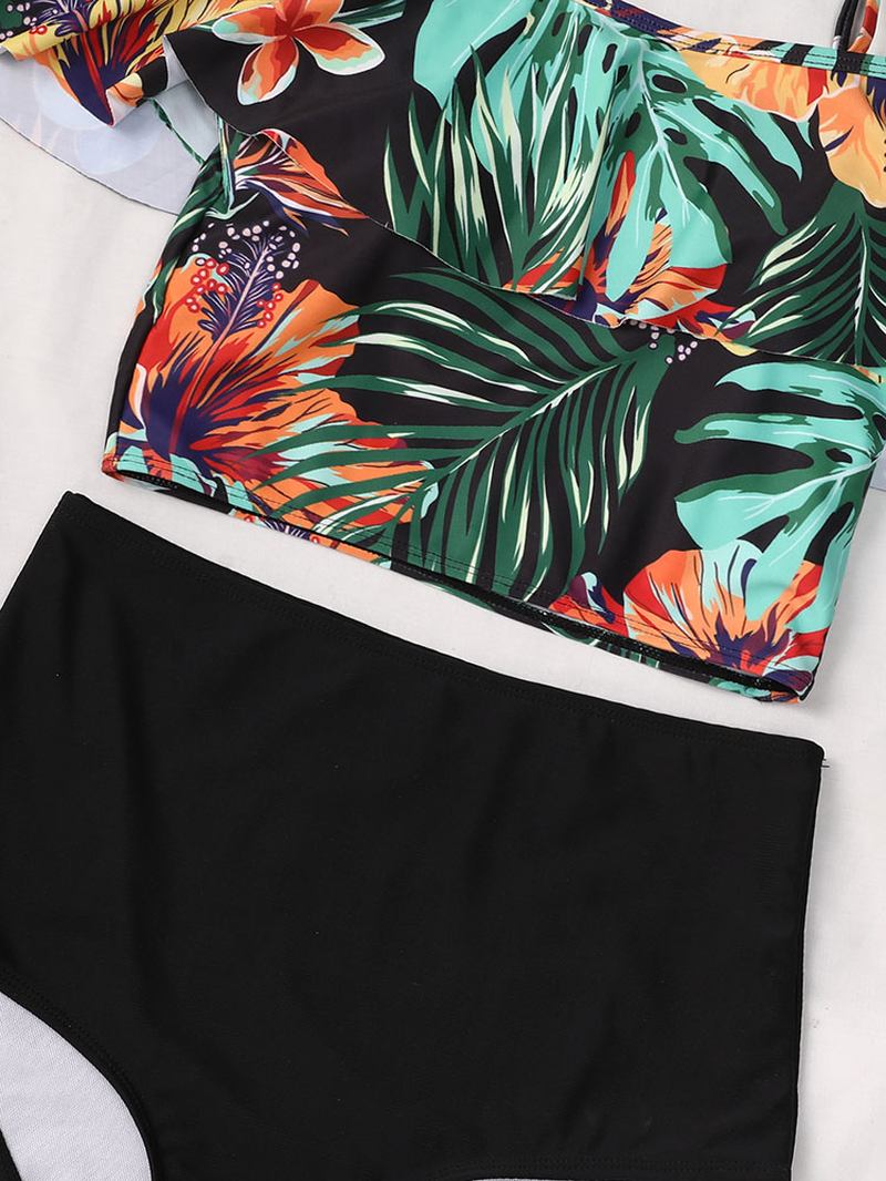 Tropical Plant Med Trykk Ruffle Spaghetti Straps High Waisted Bikinis Dame Badedrakt