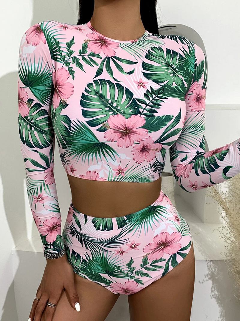 Tropical Plant Med Trykk Zip Back Langermet High Waisted Bikinis Dame Beach Badedrakt