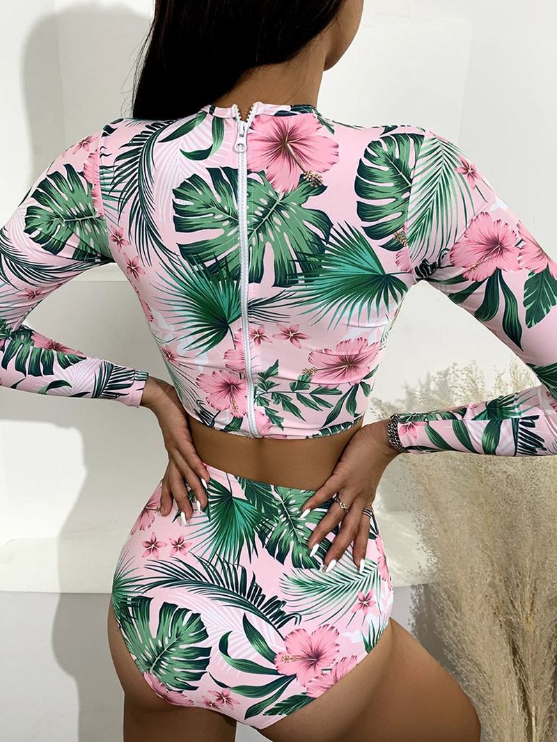 Tropical Plant Med Trykk Zip Back Langermet High Waisted Bikinis Dame Beach Badedrakt