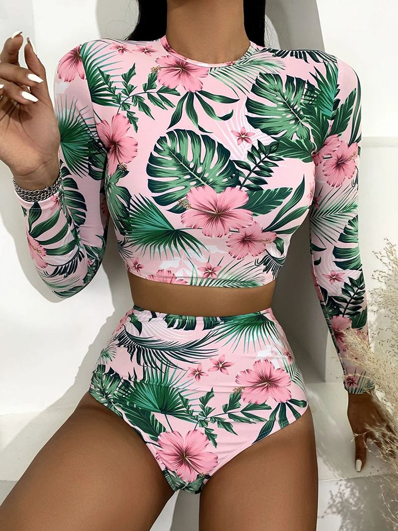 Tropical Plant Med Trykk Zip Back Langermet High Waisted Bikinis Dame Beach Badedrakt