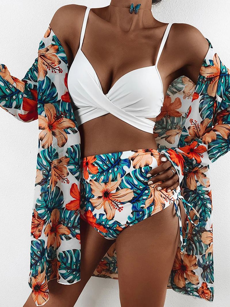 Tropical Plants Med Trykk High-waisted Bikinis Badetøy Tredelt Sett Med Cover Up