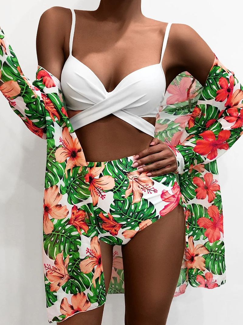 Tropical Plants Med Trykk High-waisted Bikinis Badetøy Tredelt Sett Med Cover Up