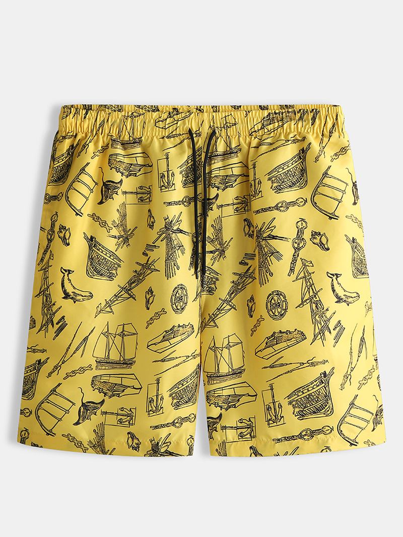 Herre Beach Sea Boat Pattern Digital Med Trykk Børstet Løs Shorts Bukser