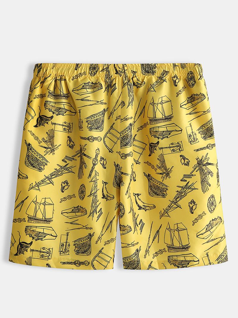 Herre Beach Sea Boat Pattern Digital Med Trykk Børstet Løs Shorts Bukser