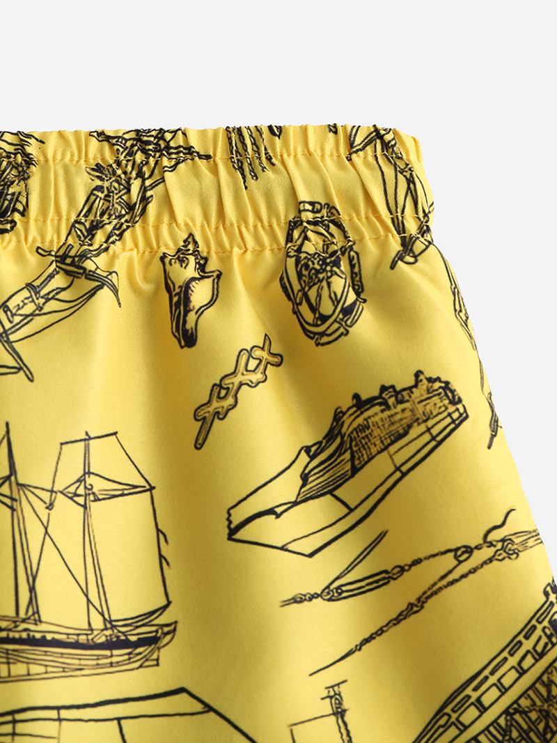 Herre Beach Sea Boat Pattern Digital Med Trykk Børstet Løs Shorts Bukser