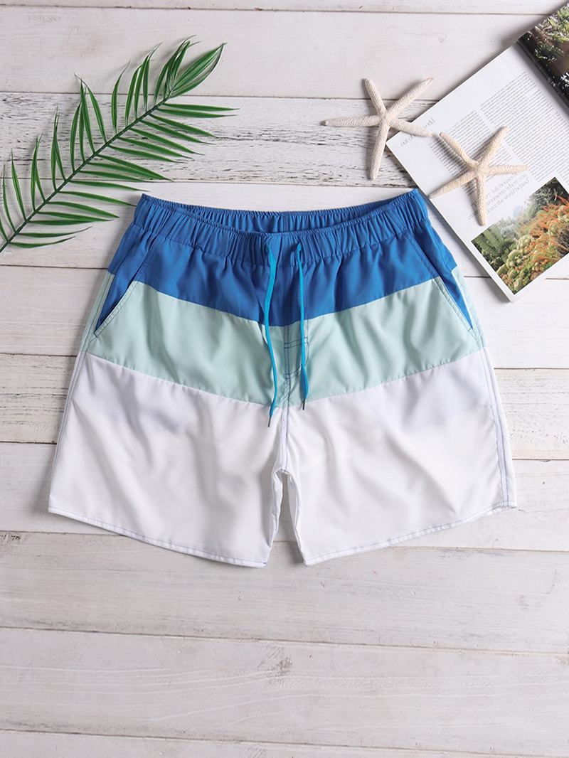 Herre Color Block White Beach Board Shorts Snøring Quick Dry Mesh Liner Med Lomme