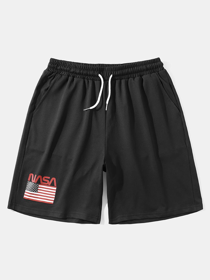 Herre Nasa Label Leisure Black Elastisk Midje Shorts Med Sidelomme