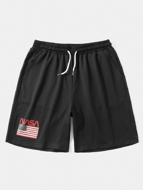 Herre Nasa Label Leisure Black Elastisk Midje Shorts Med Sidelomme