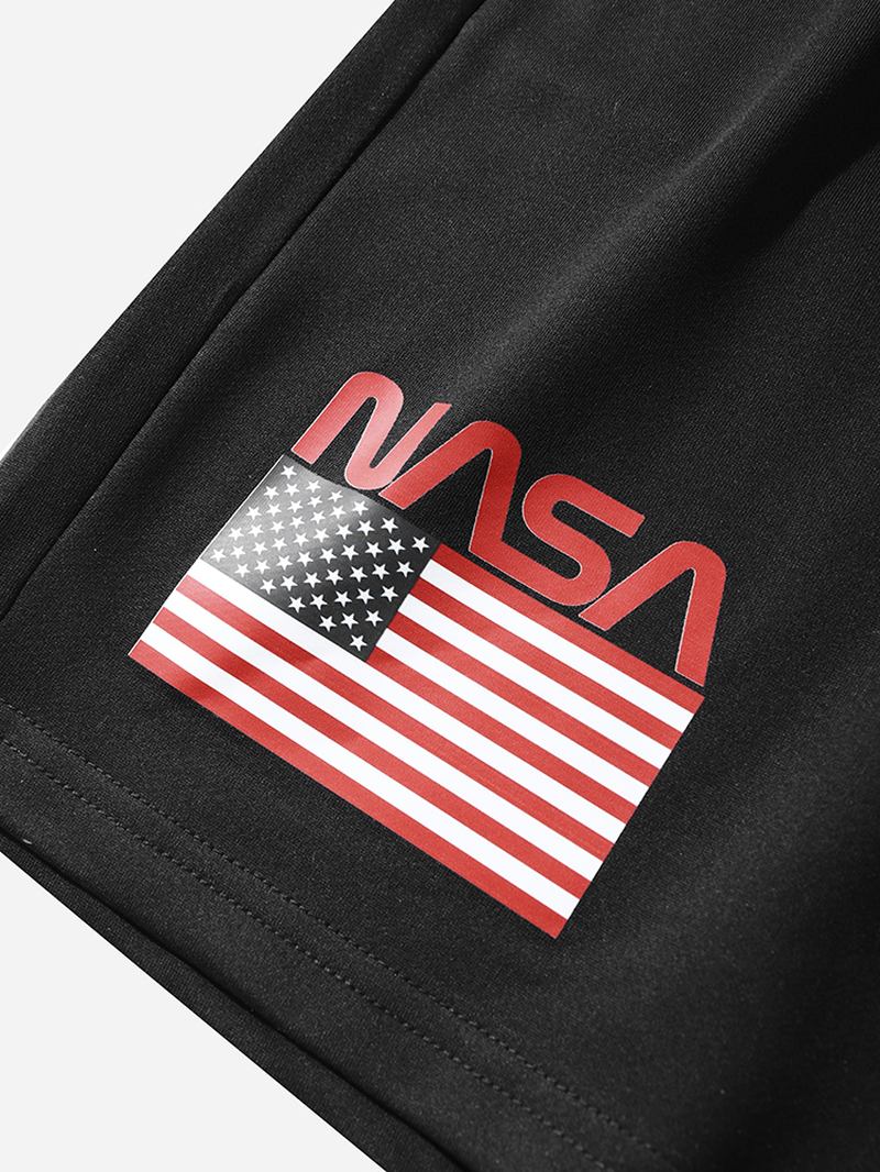 Herre Nasa Label Leisure Black Elastisk Midje Shorts Med Sidelomme