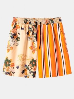 Herre Stripete Blomsterprint Patchwork Causla Shorts Med Snøring