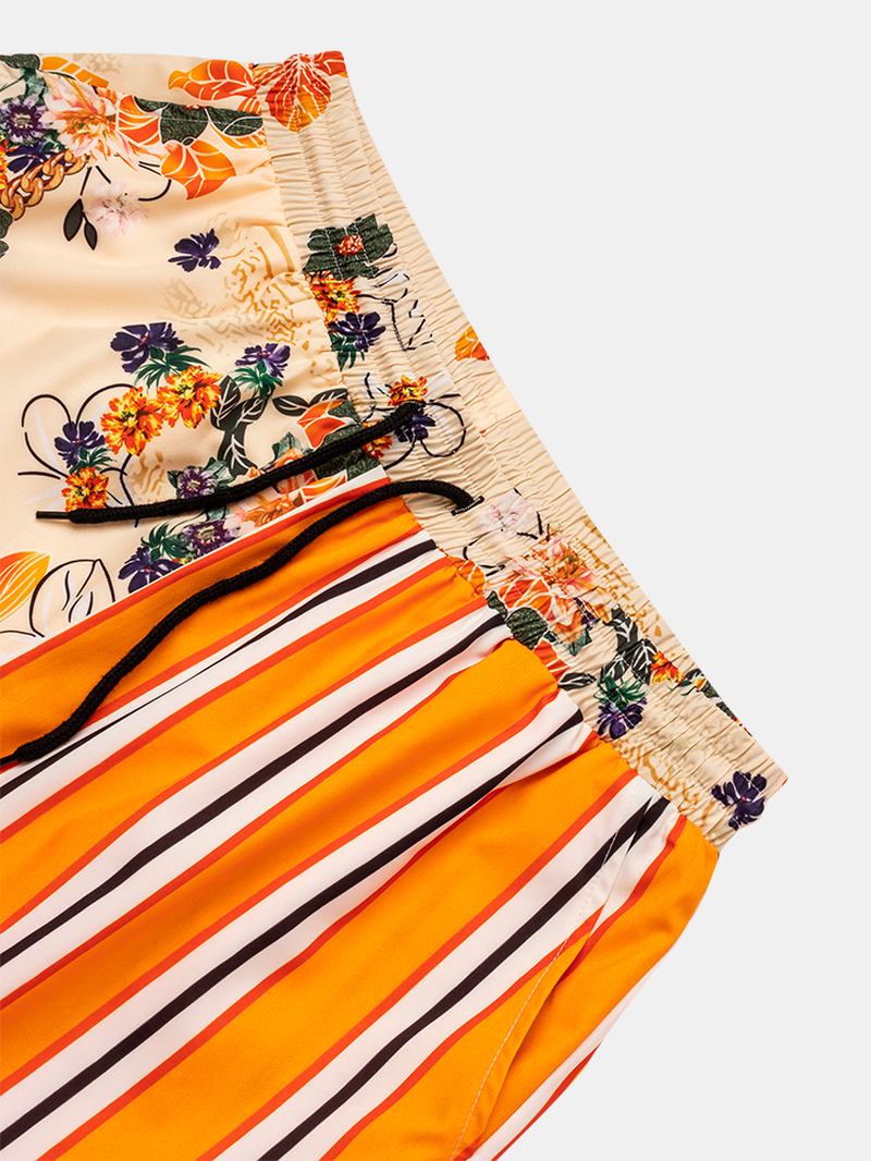 Herre Stripete Blomsterprint Patchwork Causla Shorts Med Snøring