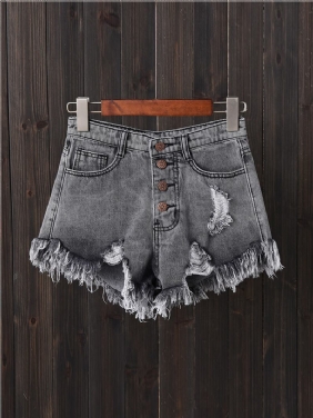 Kvinner Button Up Pocket Loose Hollow Ripped Denim Shorts