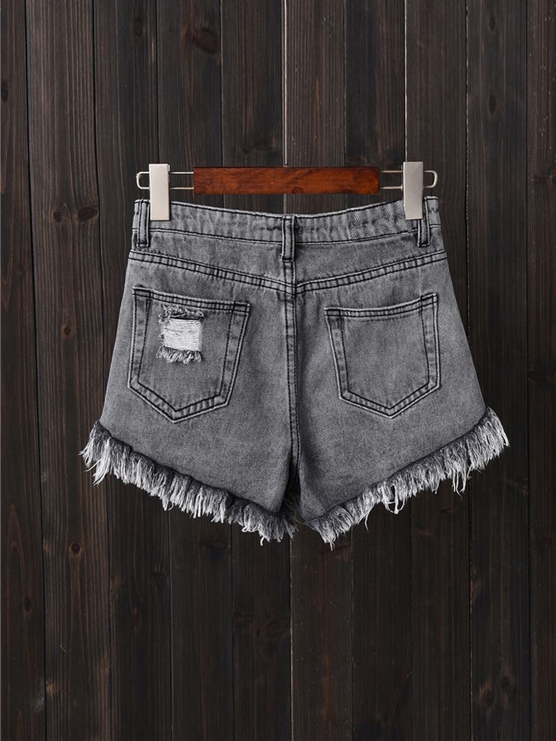 Kvinner Button Up Pocket Loose Hollow Ripped Denim Shorts