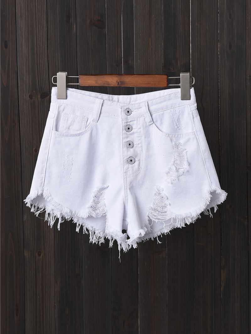 Kvinner Button Up Pocket Loose Hollow Ripped Denim Shorts