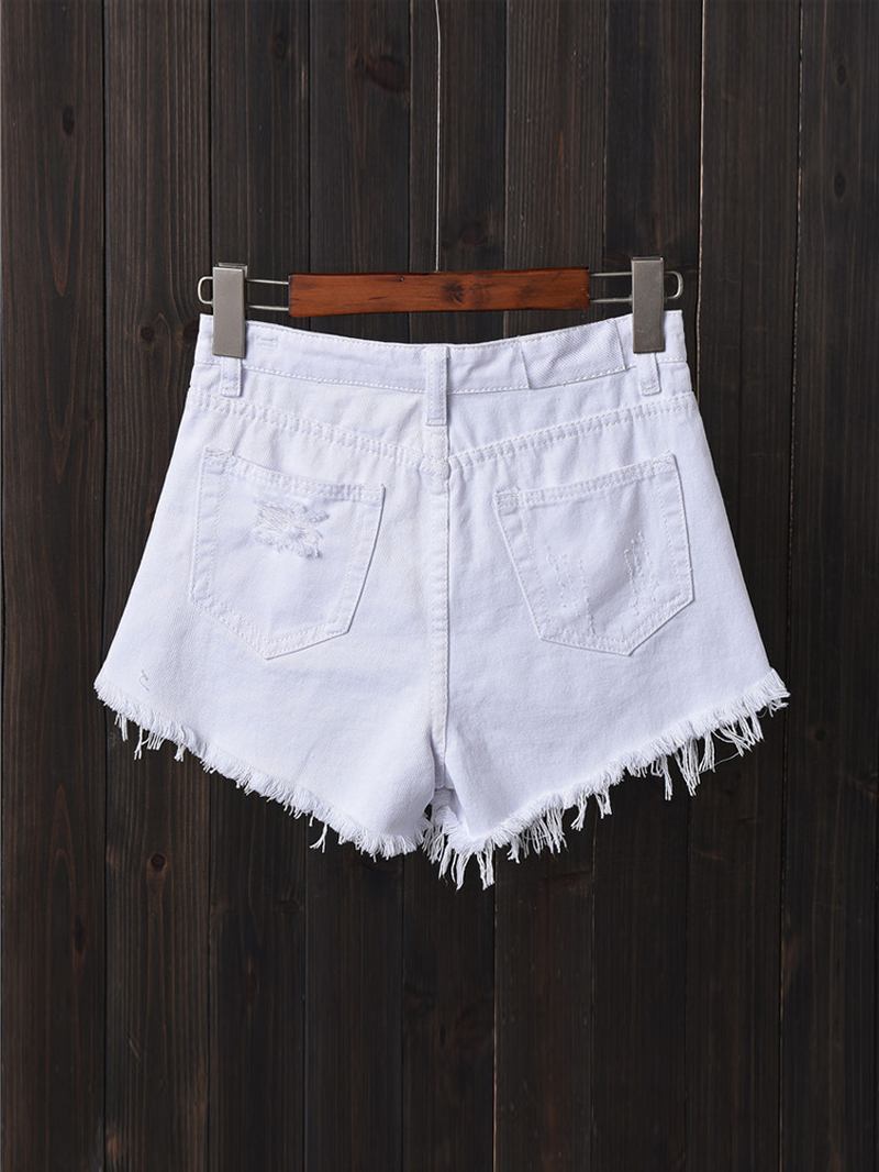 Kvinner Button Up Pocket Loose Hollow Ripped Denim Shorts