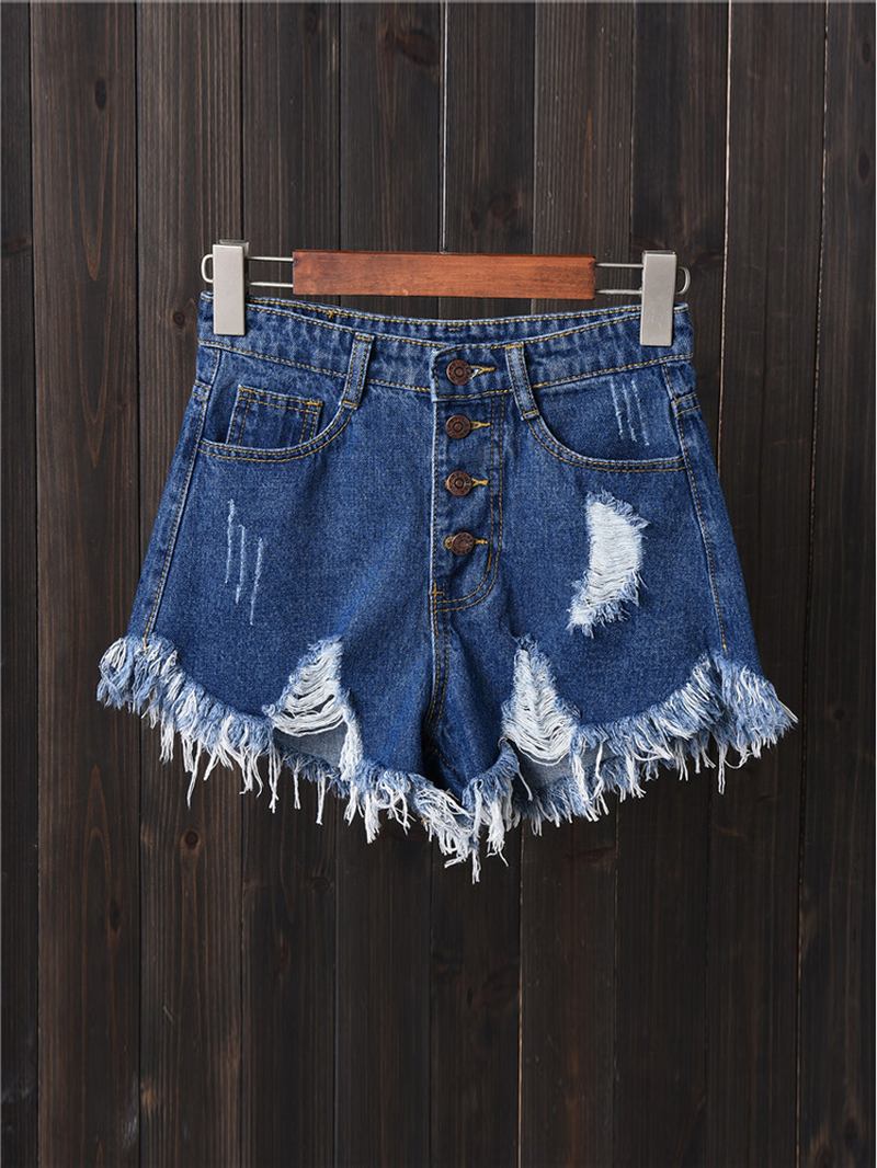 Kvinner Button Up Pocket Loose Hollow Ripped Denim Shorts