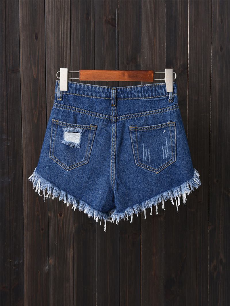 Kvinner Button Up Pocket Loose Hollow Ripped Denim Shorts