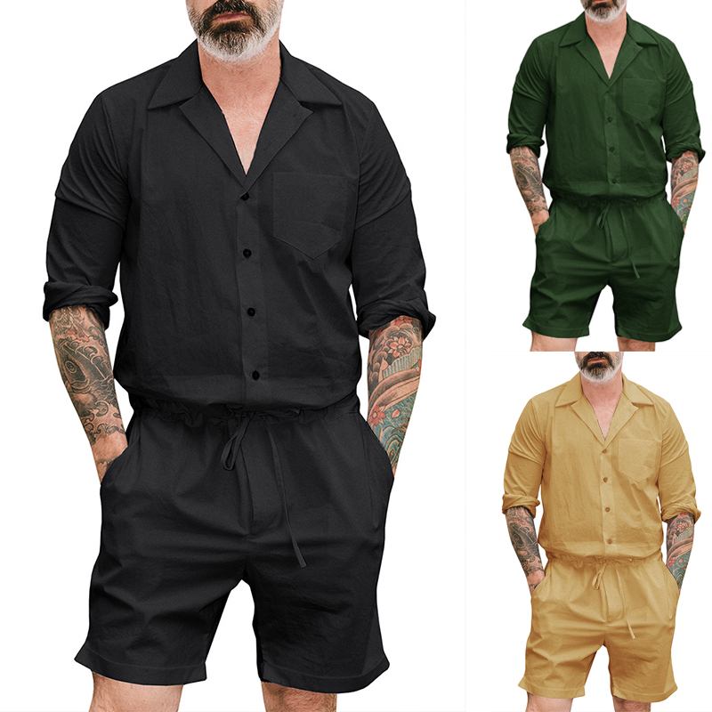 Menn Ensfarge Kort Jumpsuit Med Snøring