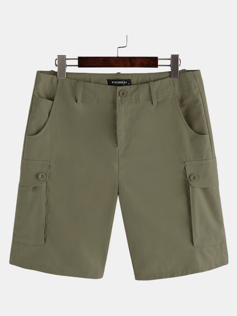 Solid Cargo-shorts Med Flere Lommer For Menn