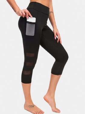 Dame Mesh Patchwork Bodycon Cropped Yoga Sport Leggings Med Lommer