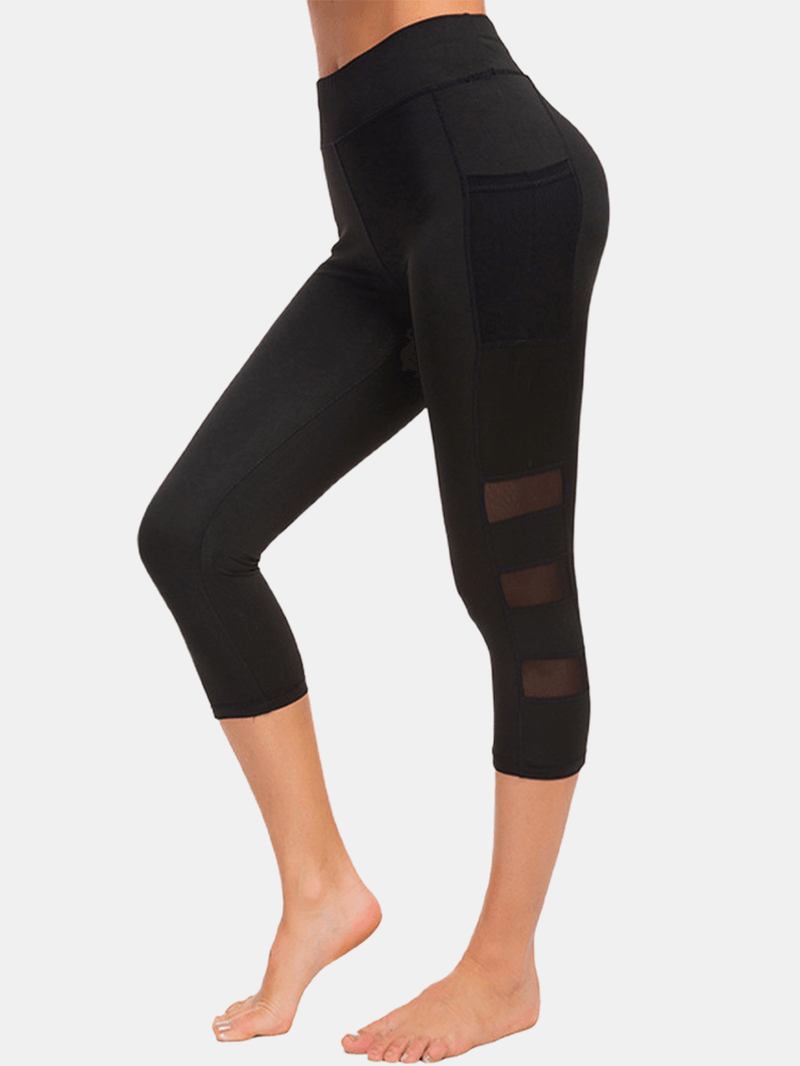 Dame Mesh Patchwork Bodycon Cropped Yoga Sport Leggings Med Lommer