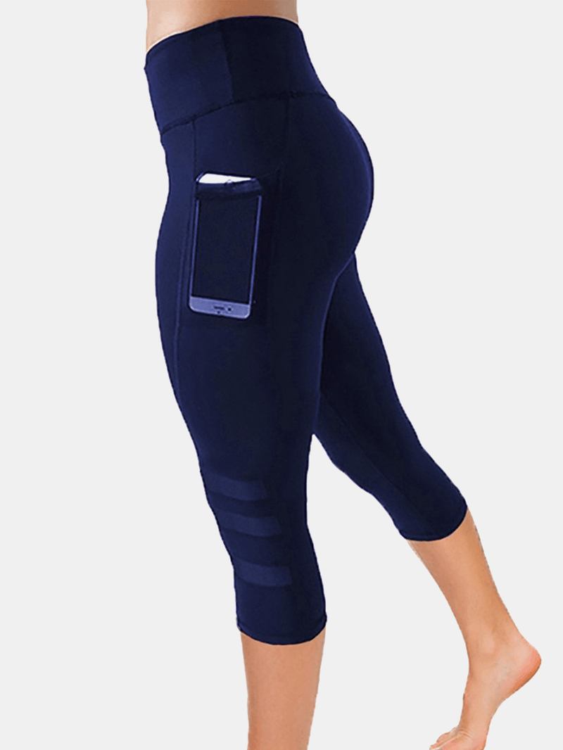 Dame Mesh Patchwork Bodycon Cropped Yoga Sport Leggings Med Lommer