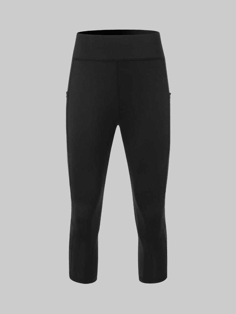 Dame Mesh Patchwork Bodycon Cropped Yoga Sport Leggings Med Lommer