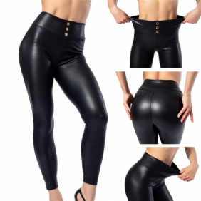 Everbellus Kvinner Sexy Leggings I Imitert Skinn Med Knapp Høy Midje Tynn Og Tykk Push Up Solid Svart Slank Pu Legg Plus Size