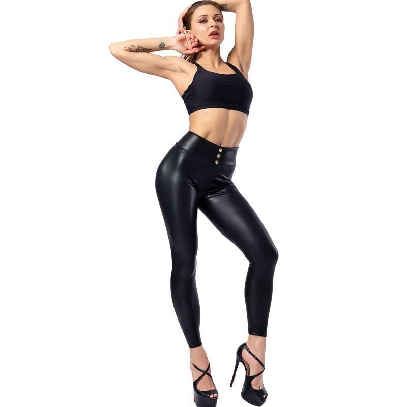 Everbellus Kvinner Sexy Leggings I Imitert Skinn Med Knapp Høy Midje Tynn Og Tykk Push Up Solid Svart Slank Pu Legg Plus Size