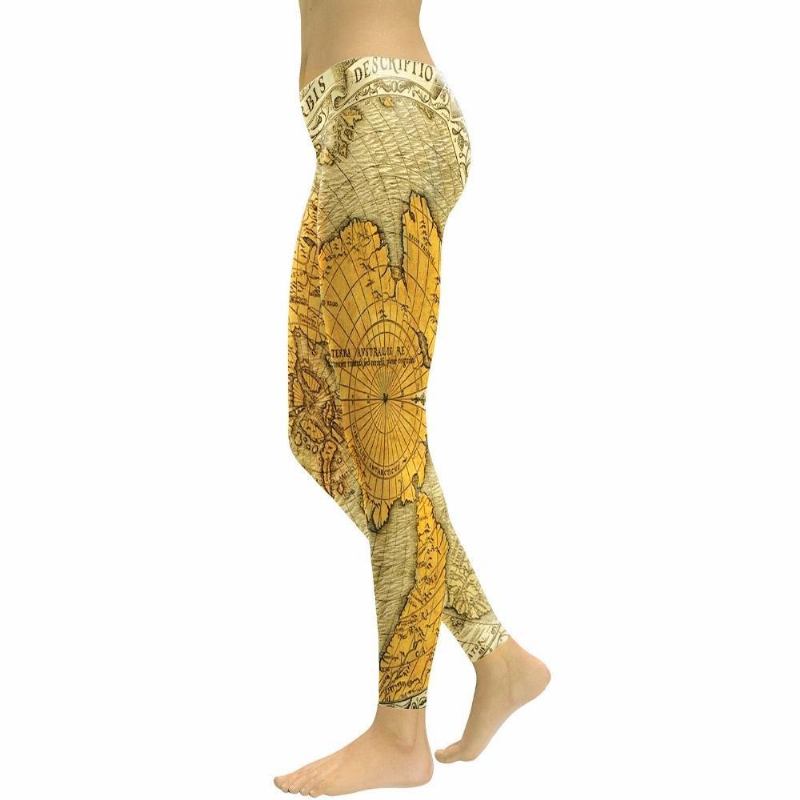 Ny Vår Gyldent Verdenskart Leggings Kvinner Bokstav Bredde- Og Lengdegrad 3d-trykt Legg High Waist Bukser