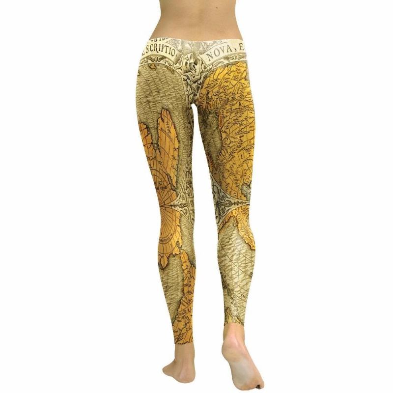 Ny Vår Gyldent Verdenskart Leggings Kvinner Bokstav Bredde- Og Lengdegrad 3d-trykt Legg High Waist Bukser