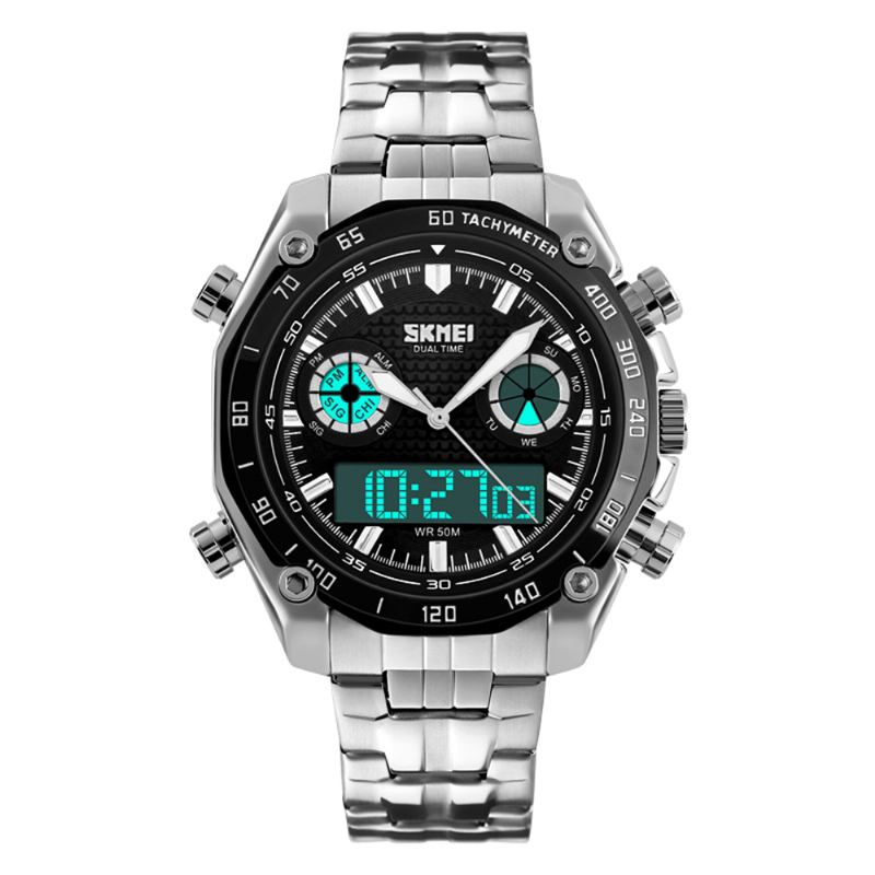 Dual Dsplay Digital Watch Herre Rustfritt Stål Stropp Lysende Alarm Outdoor Sport Watch