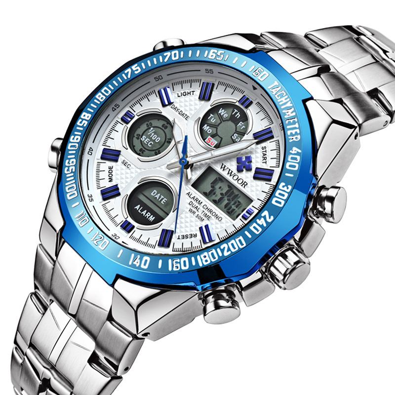 Led Alarm Digital Watch Full Steel Business Style Dual Display Watch