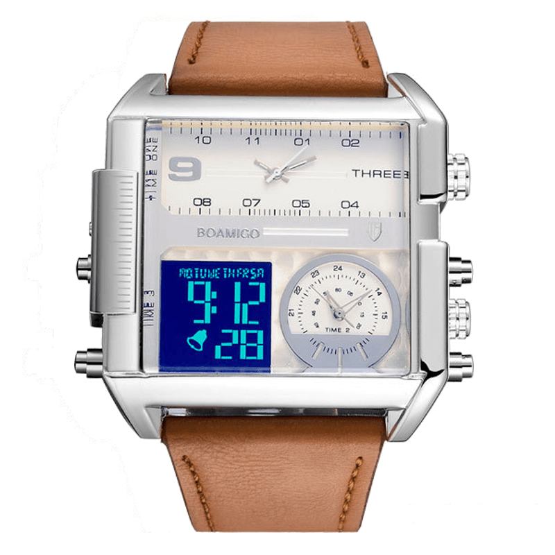 Mote Menn Digital Klokke Creative Dial Week Month Display Chronograph 3 Time Zone Lærreim Dual Display Watch