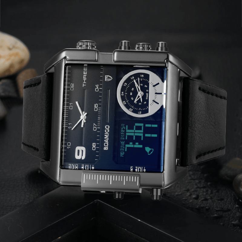 Mote Menn Digital Klokke Creative Dial Week Month Display Chronograph 3 Time Zone Lærreim Dual Display Watch