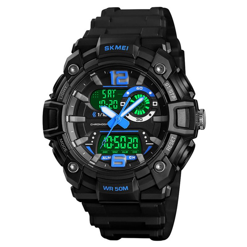 Vanntett Lysende 3 Ganger Multifunksjons Baklys Dual Display Herreklokke Digital Watch