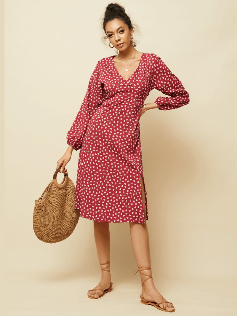 Chiffon Polka Dot Med Trykk Delt Langermet Causal Dress