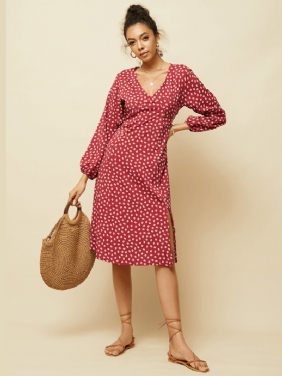 Chiffon Polka Dot Med Trykk Delt Langermet Causal Dress