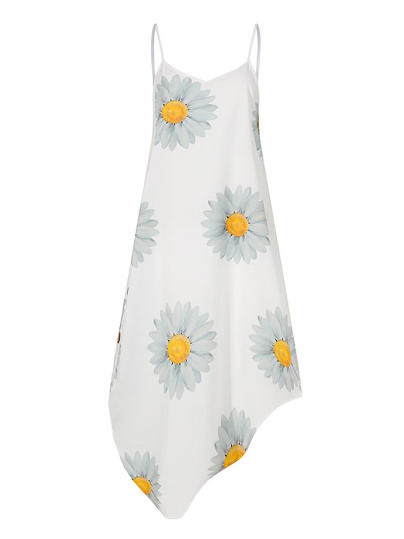 Hawaiian Style Holiday Small Daisies Med Trykk Uregelmessig Hem V-hals Sling Ermeløs Midi-kjole