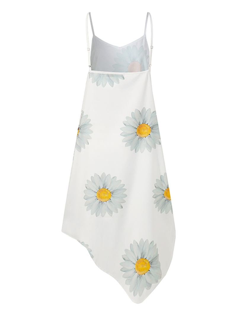 Hawaiian Style Holiday Small Daisies Med Trykk Uregelmessig Hem V-hals Sling Ermeløs Midi-kjole