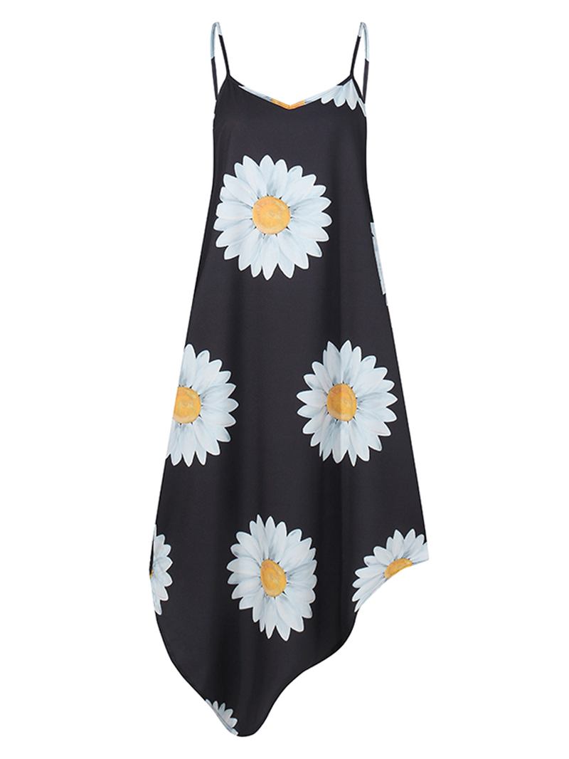 Hawaiian Style Holiday Small Daisies Med Trykk Uregelmessig Hem V-hals Sling Ermeløs Midi-kjole