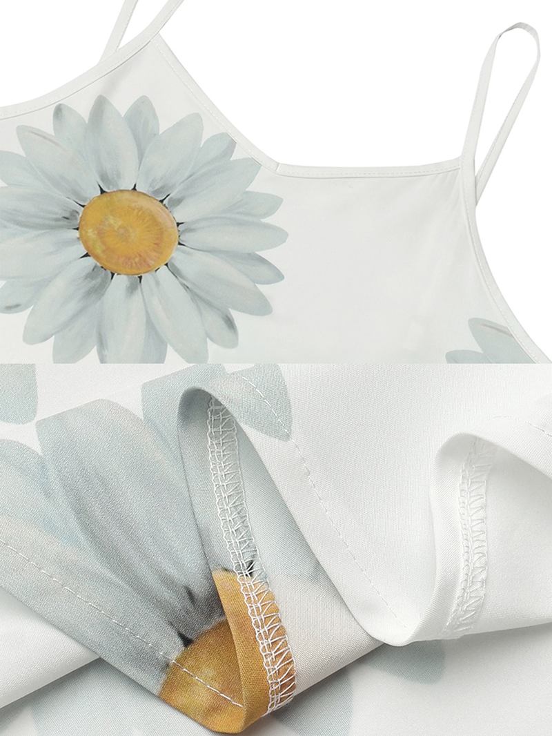 Hawaiian Style Holiday Small Daisies Med Trykk Uregelmessig Hem V-hals Sling Ermeløs Midi-kjole