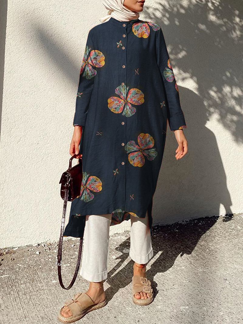 Kvinner Bomullsblomster Med Trykk Kaftan Langermet Retro Skjortekjole