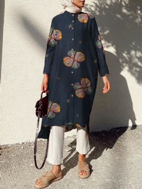 Kvinner Bomullsblomster Med Trykk Kaftan Langermet Retro Skjortekjole