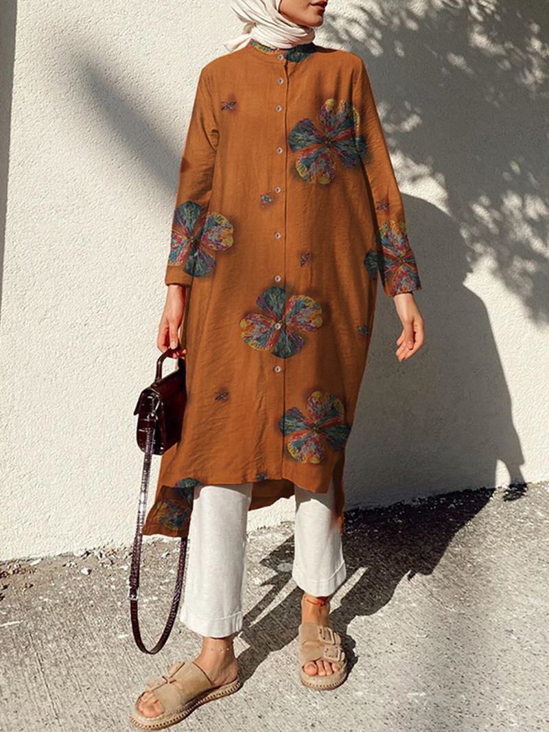 Kvinner Bomullsblomster Med Trykk Kaftan Langermet Retro Skjortekjole