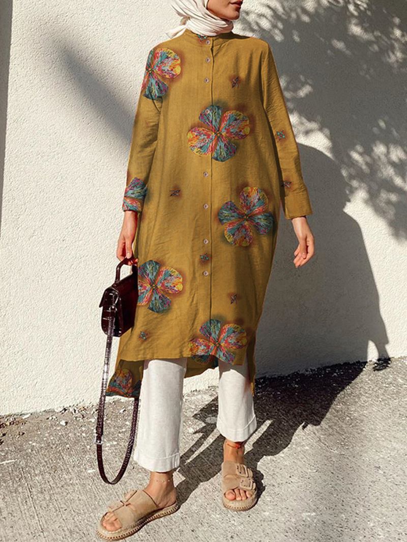 Kvinner Bomullsblomster Med Trykk Kaftan Langermet Retro Skjortekjole