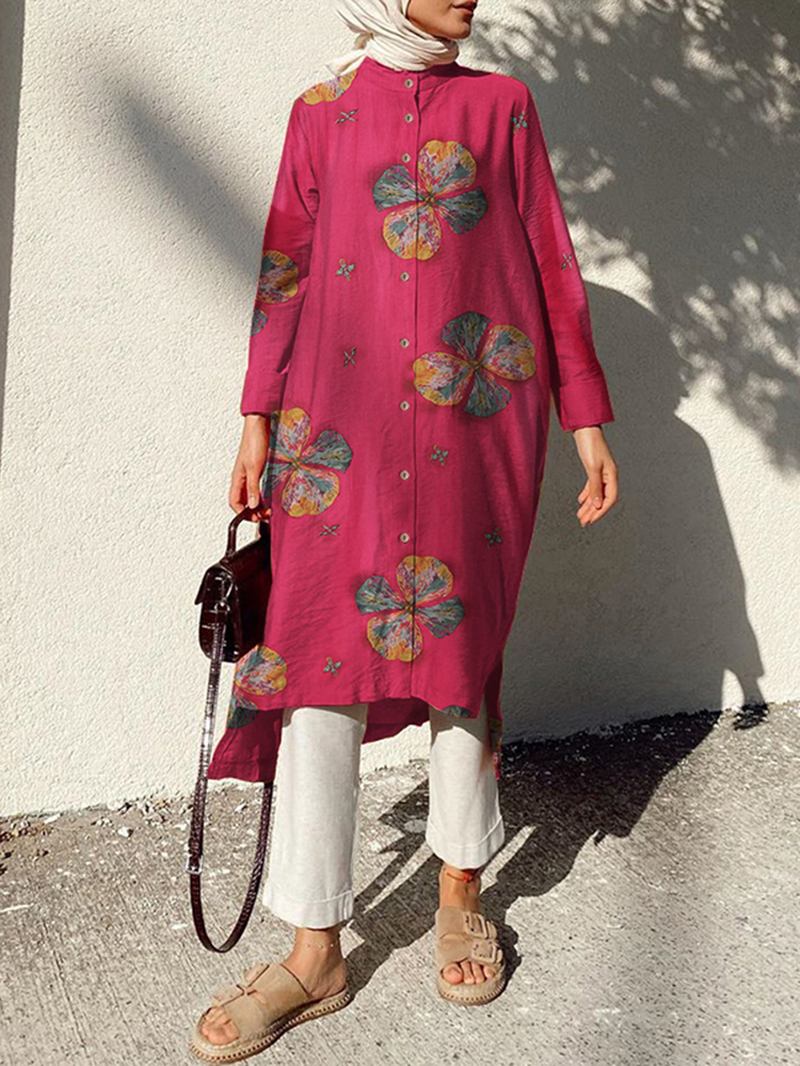 Kvinner Bomullsblomster Med Trykk Kaftan Langermet Retro Skjortekjole