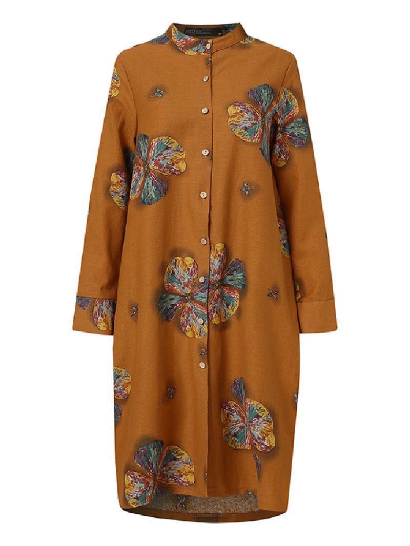 Kvinner Bomullsblomster Med Trykk Kaftan Langermet Retro Skjortekjole