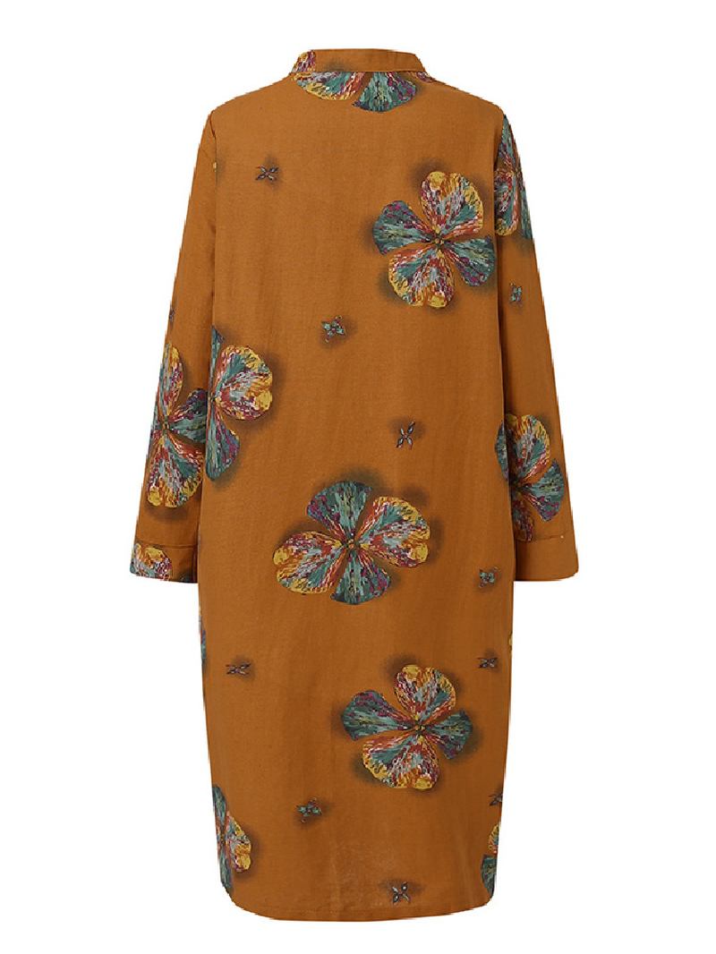 Kvinner Bomullsblomster Med Trykk Kaftan Langermet Retro Skjortekjole